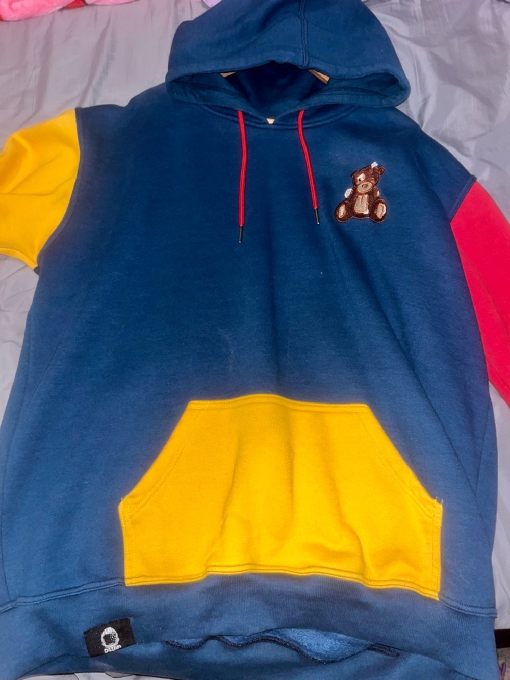 Men's Navy Colorblock Hoodie Sweater with Yellow Pocket and Red Sleeve
